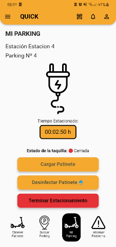 App QUICK - mi parking, cargar y desinfectar patinete